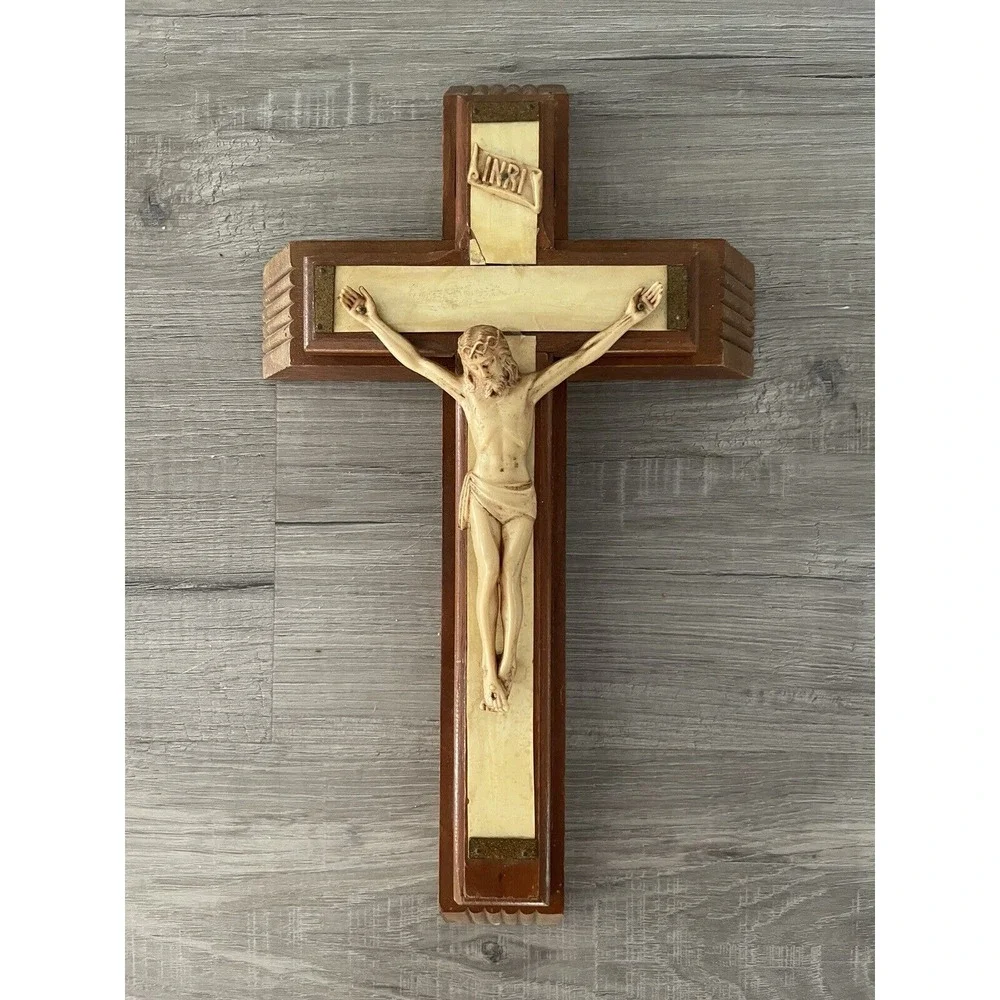 Vintage Mother‎ of Pearl Wood Crucifix Last Rites Sick Catholic Cross
